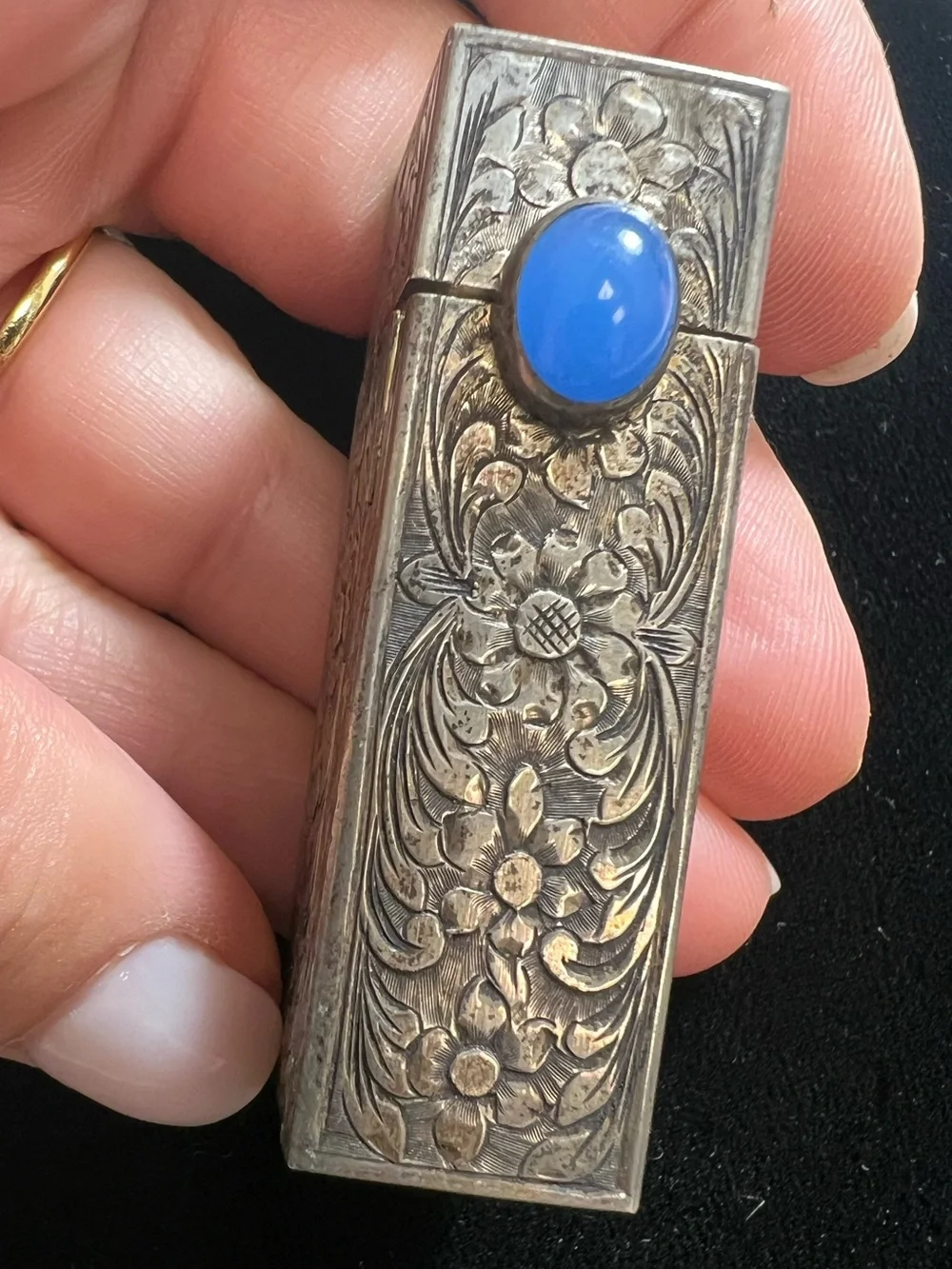 Antique 800 Silver Floral Engraved Lipstick Compact with Blue Cabochon Accent